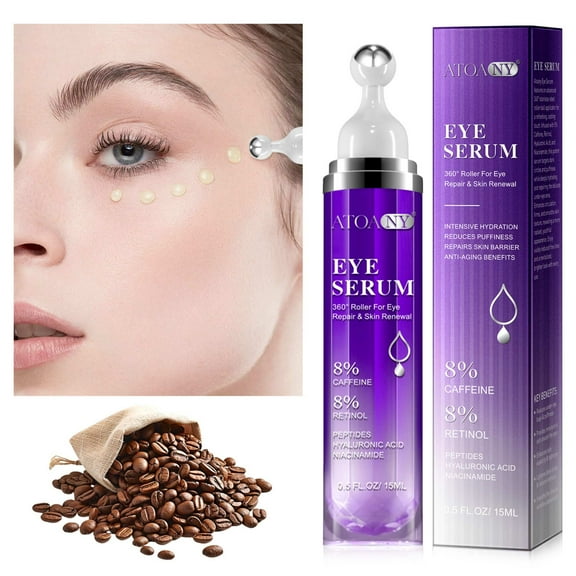 Atoany 5% Caffeine Peptide Eye Serum ,Dark Circles Under Eye Treatment with Retinol with 360° Eye Roller Massage Ball(15ml/0.5fl.oz)