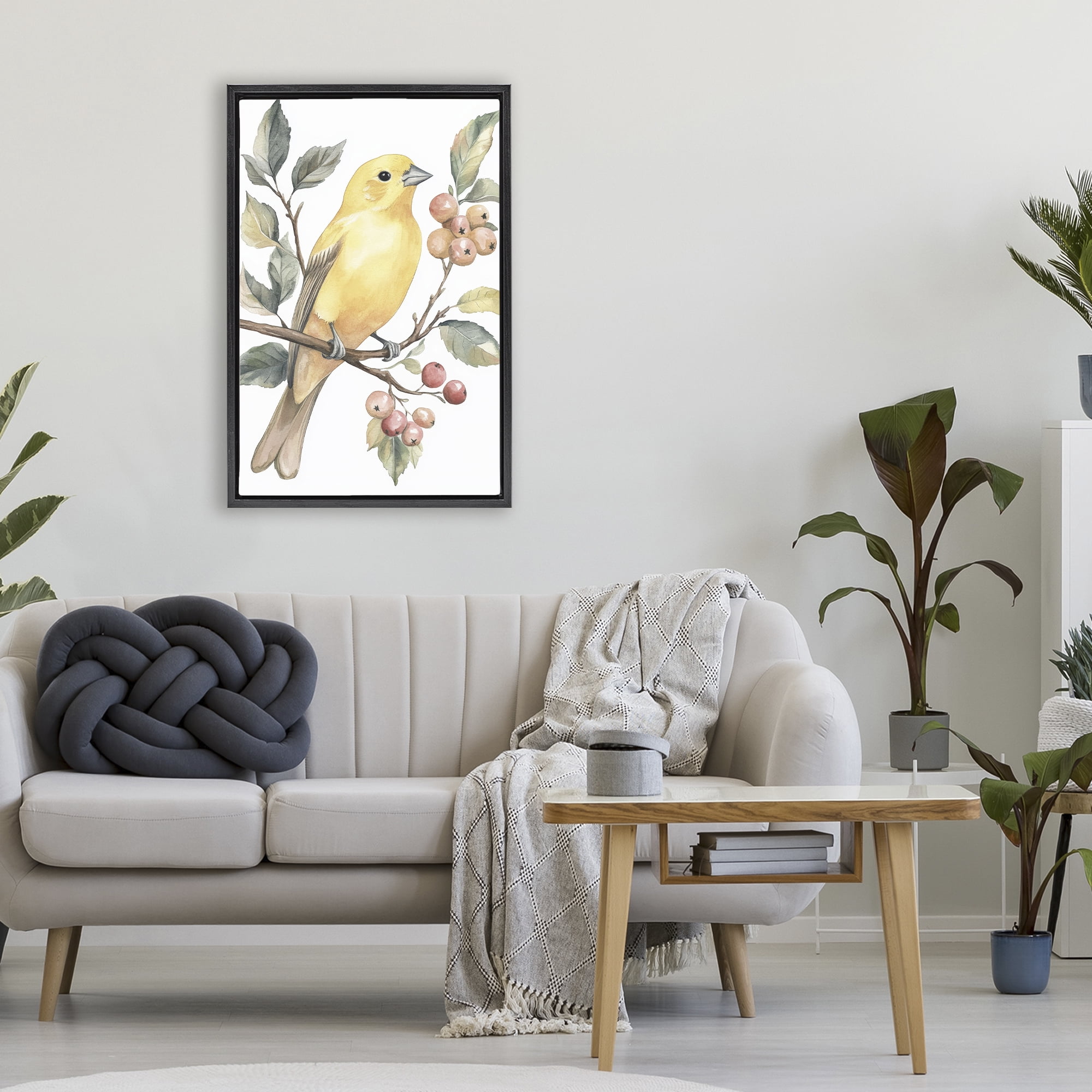 Stupell Industries Sun Lit Bird on Branch Black Framed Floater Canvas Wall Art, design by Petal Prints Design