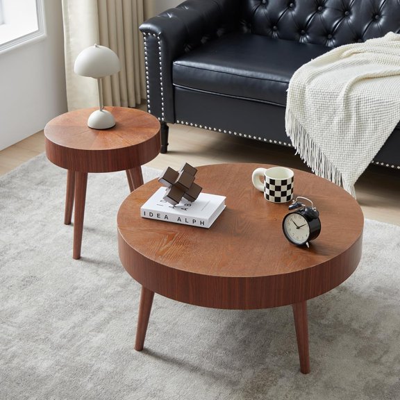 AVZEAR Nesting Round Coffee Table Set of 2, Mid Century Modern Coffee Table, Natural Wood Nesting Tables Walnut Side Table and Farmhouse End Table Set for Living Room Bedroom, Cafe, Office(Walnut)
