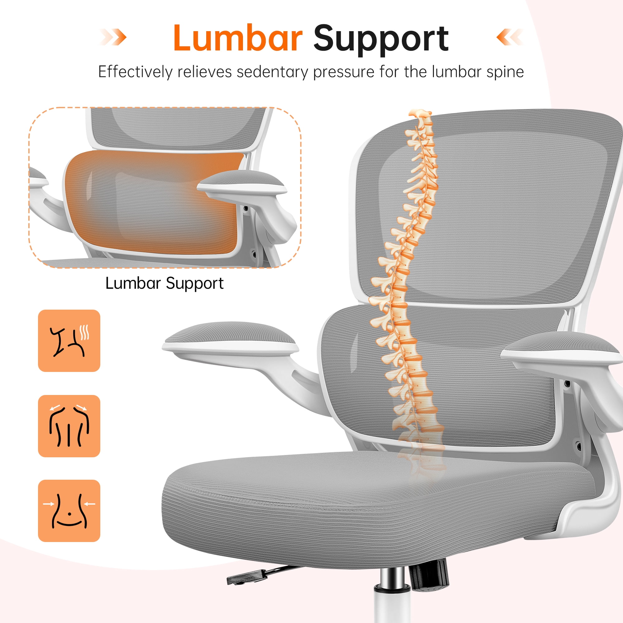 COOLHUT Office Chair, Ergonomic Desk Chair with Lumbar Support and Adjustable Armrests, Breathable Mesh Computer Gaming Chair, Reclining Task Chair for Home Office, Light Gray