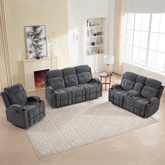 Bonzy Home Complete Living Room Furniture Set 1 2 3 Recliner Sofa Set – Manual Recliner Chair, Loveseat & 3-Seat Reclining Sofa Couch for Living Room Gray