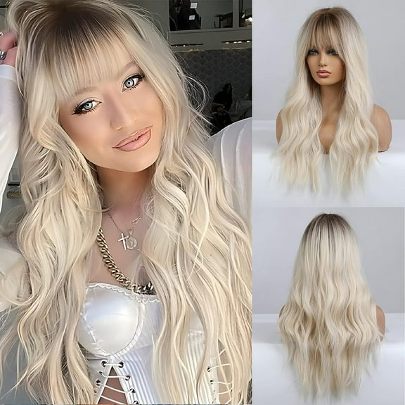 Long Blonde Wigs for Women. Synthetic Curly Hair Wig with Bangs Wavy Hair with Dark Roots