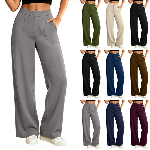 Bloomae Wide Leg Dress Pants Women Stretchy Pull on Work Slacks Elastic High Waisted Business Casual Trousers with Pockets