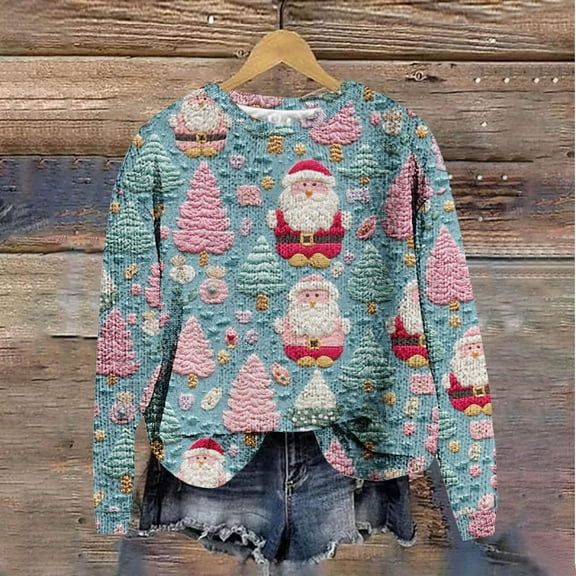 AGWOLF Ugly Christmas Sweaters for Women Cute Crewneck Xmas Print Pullover Cozy Long Sleeve Knit Jumper Tops