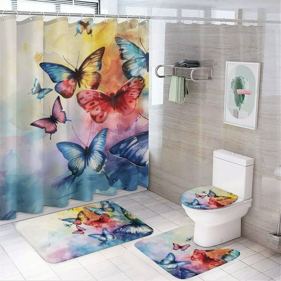 Butterfly Watercolor 4 Pcs Bathroom Shower Curtain Set, Bathroom Sets with Rugs (Bath Mat, U Shape and Toilet Lid Cover Mat) and 12 Hooks,