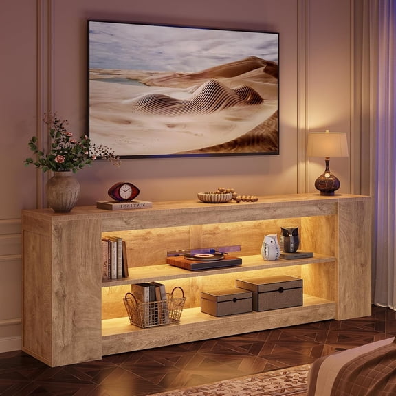 Finmind 78" LED TV Stand for TVs Up to 90", 3-Tier Farmhouse Entertainment Center, Rustic Brown