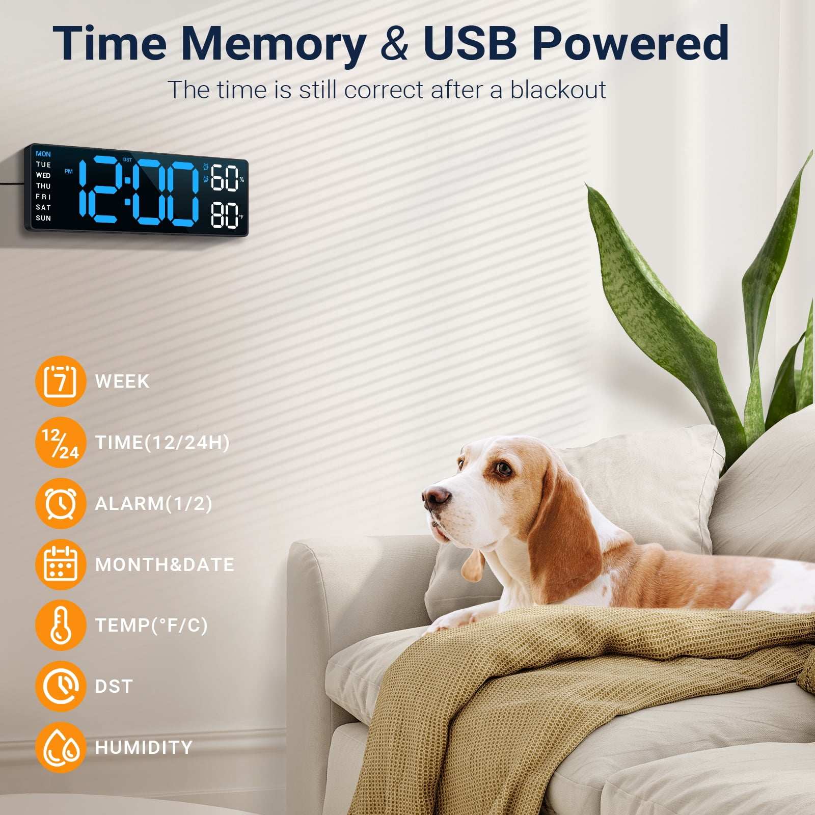 10" Digital Wall Mount Clock: Dual Alarm Wall Mount Decor Clock for Living Room Classroom Office Desk, House Warming Gifts New Home Decor, Blue