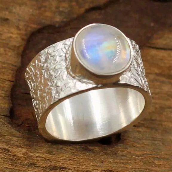 Natural Moonstone Ring, Wide Band Ring, Textured Ring, 925 Sterling Silver Ring, Oval Shape Gemstone, Hammered Ring, Statement Silver Ring**