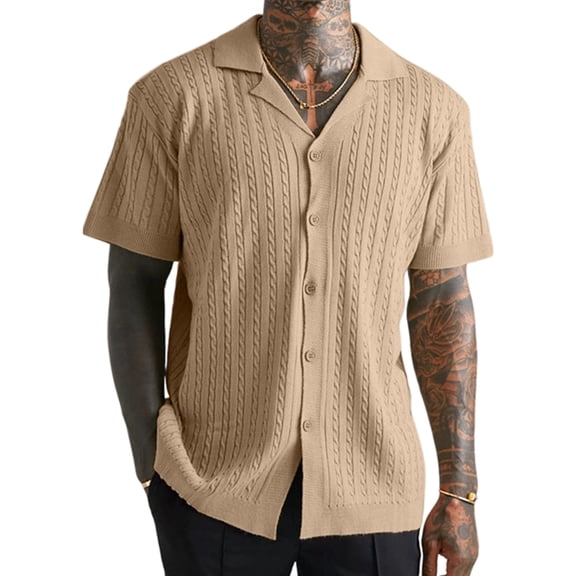 Men'S Knit Shirts Short Sleeve Button Down Shirt Fashion Casual Summer Beach Shirts Khaki S