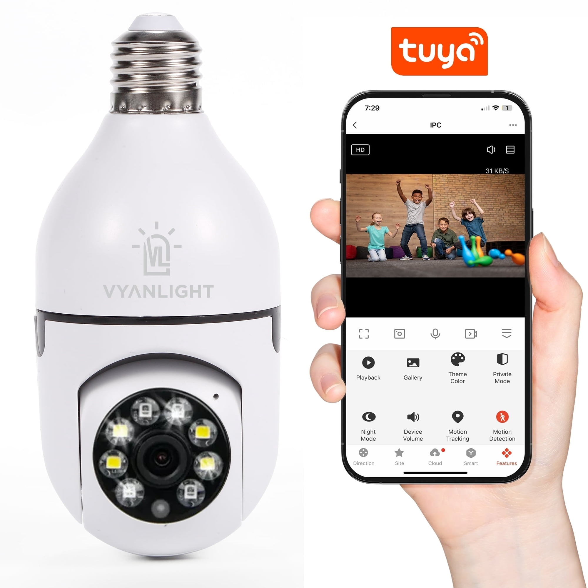 VYANLIGHT 4MP Security Camera with 2.4GHz WiFi, 360 Panoramic Pan-Tilt-Zoom View, 2K Full-Color Night Vision Bulb Video Camera, Motion Detection Audible Alarm Easy Install, Compatible with Alexa