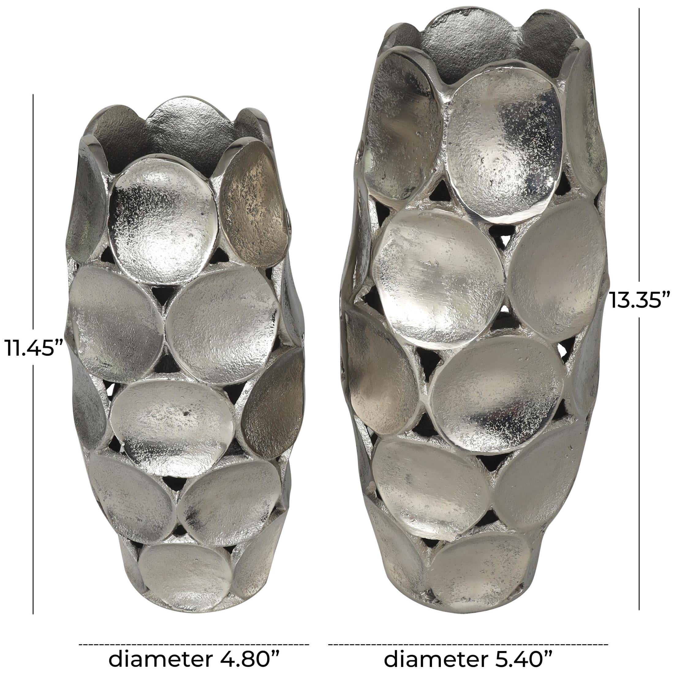 DecMode 13", 11"H Geometric Open Framed Silver Aluminum Metal Vase with Circular Plates, Set of 2