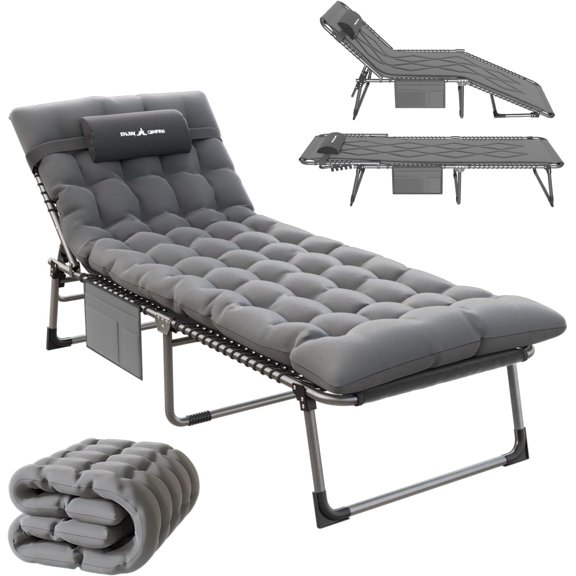 Techmilly Padded Folding Camping Cot for Adults with Double Layer Ultra Comfort Mattress, Portable 5-Position Chaise Lounge Chair Outdooor & Indoor, Sleeping Cot Bed for Beach, Pool, Patio, Dark Grey