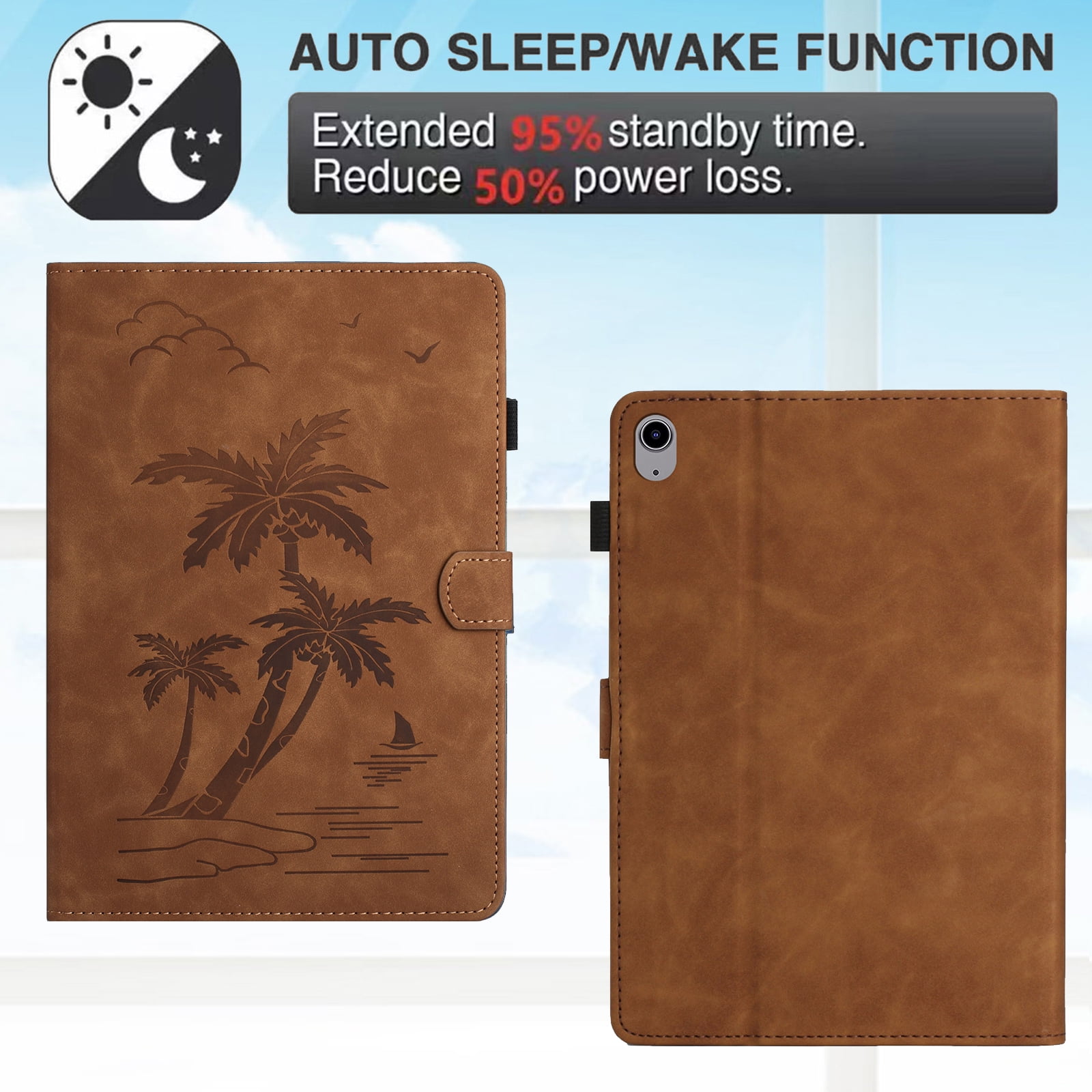 Allytechgroup for iPad (A16) 11th Generation 11 inch Case 2025 with Stand/Pencil Holder/Card Pockets/Magnetic Closure Smart Embossed Palm Tree PU Leather Folio Wallet Cover, [Auto Wake/Sleep], Brown