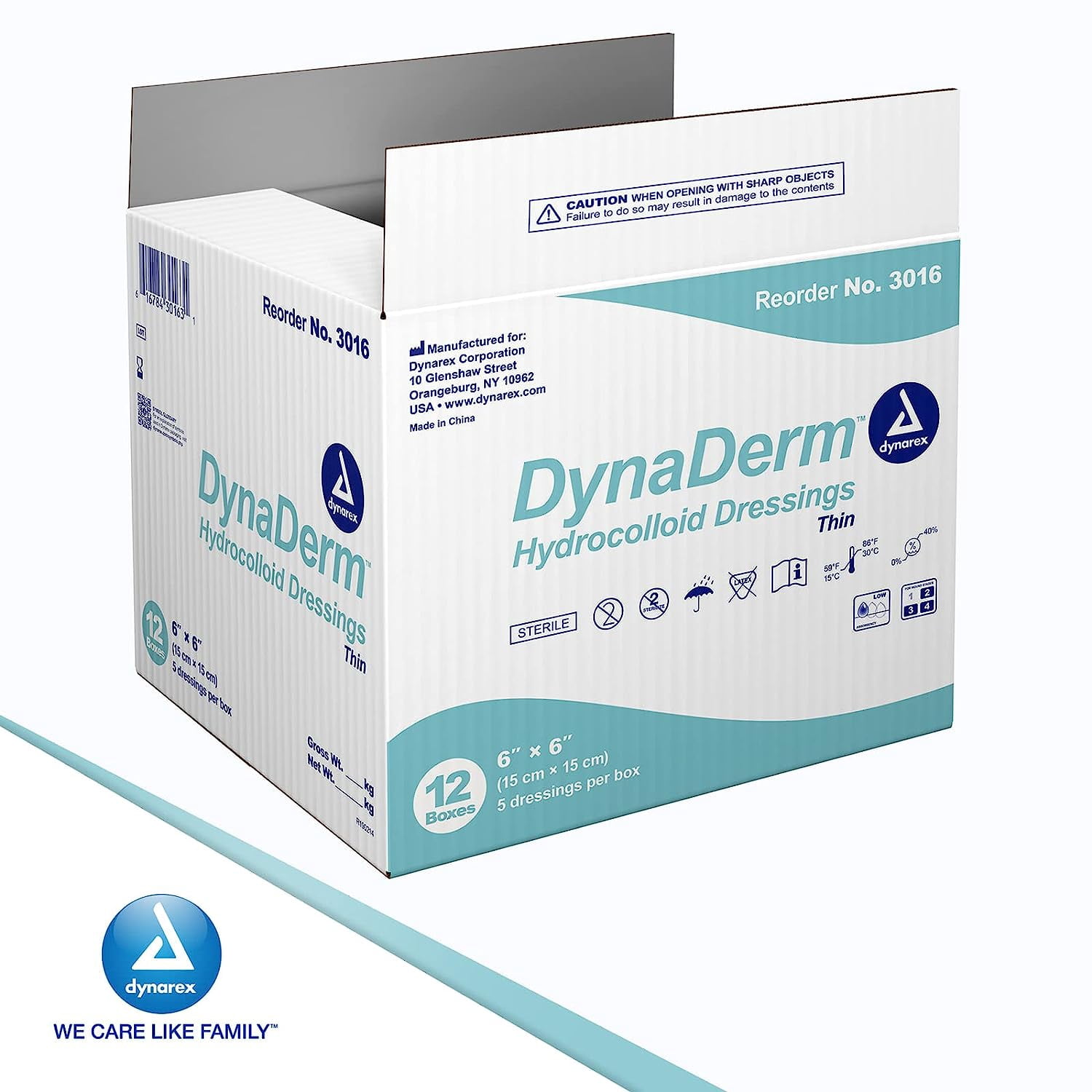Dynarex DynaDerm Hydrocolloid Dressings, Sterile Moist Bandages Used for All Kinds of Wounds, 6" x 6", Thin & Latex-Free, Peel-Down Patches - 1 Case, 12 Boxes of 5 Dressings