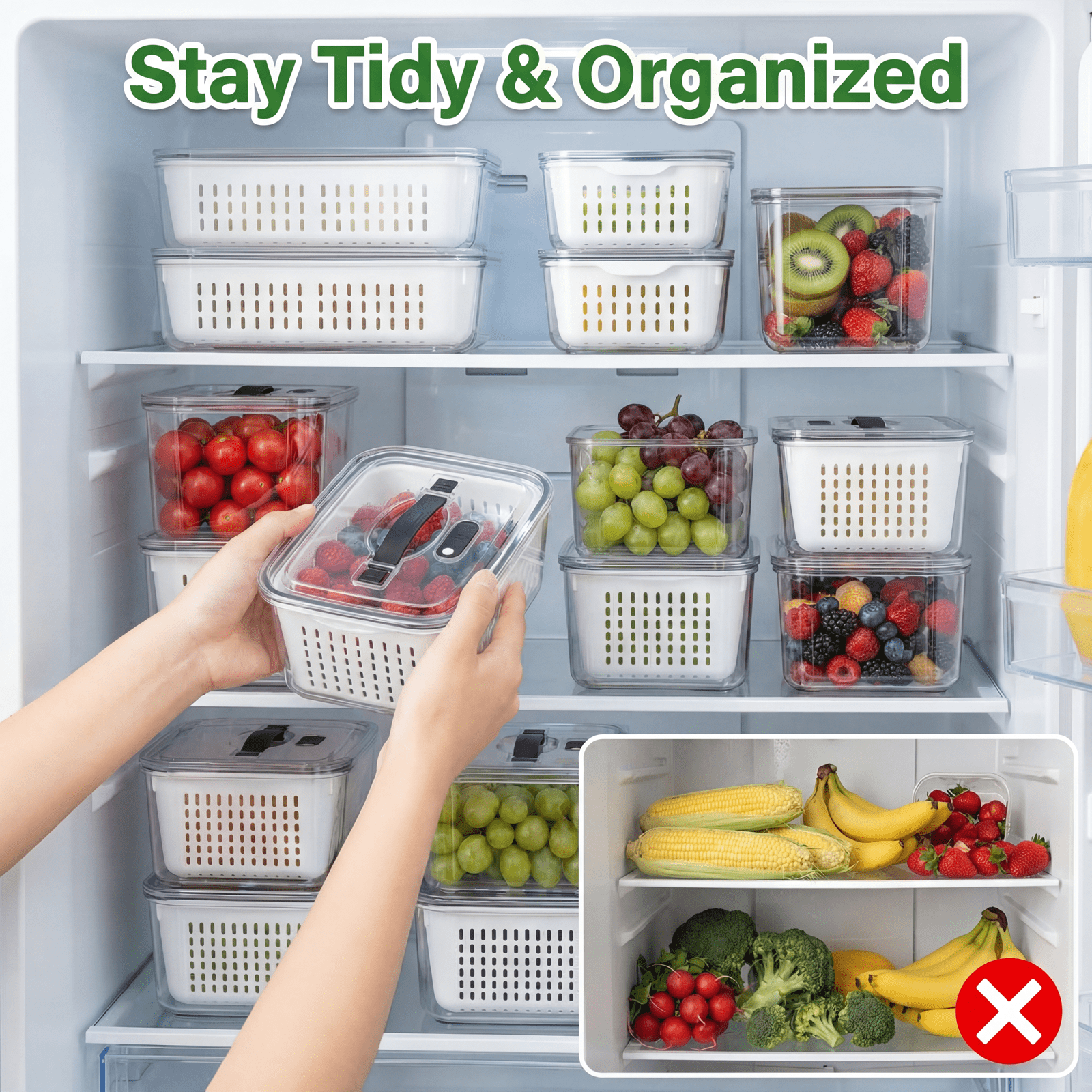 5 PCS Fruit Storage Containers for Fridge with Handle, Leakproof Produce Containers for Fridge with Removable Colander, All-In-One Fruit Containers Stainers Berry, Fruits, Vegetables, Salad, Lettuce