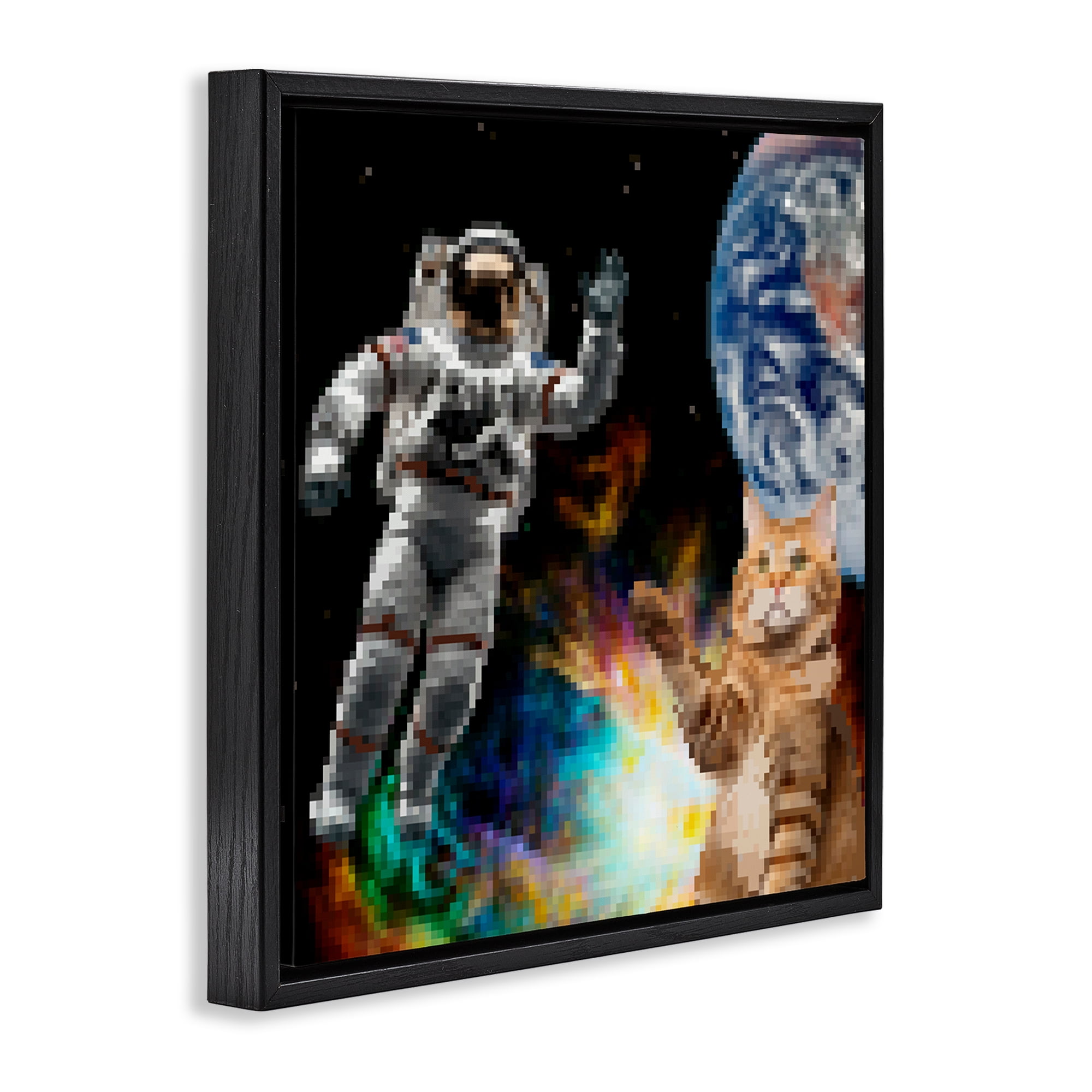 Stupell Industries Pixel Cat in Space Novelty & Humor Painting Black Floater Framed Canvas Art Print Wall Art, 25 x 25
