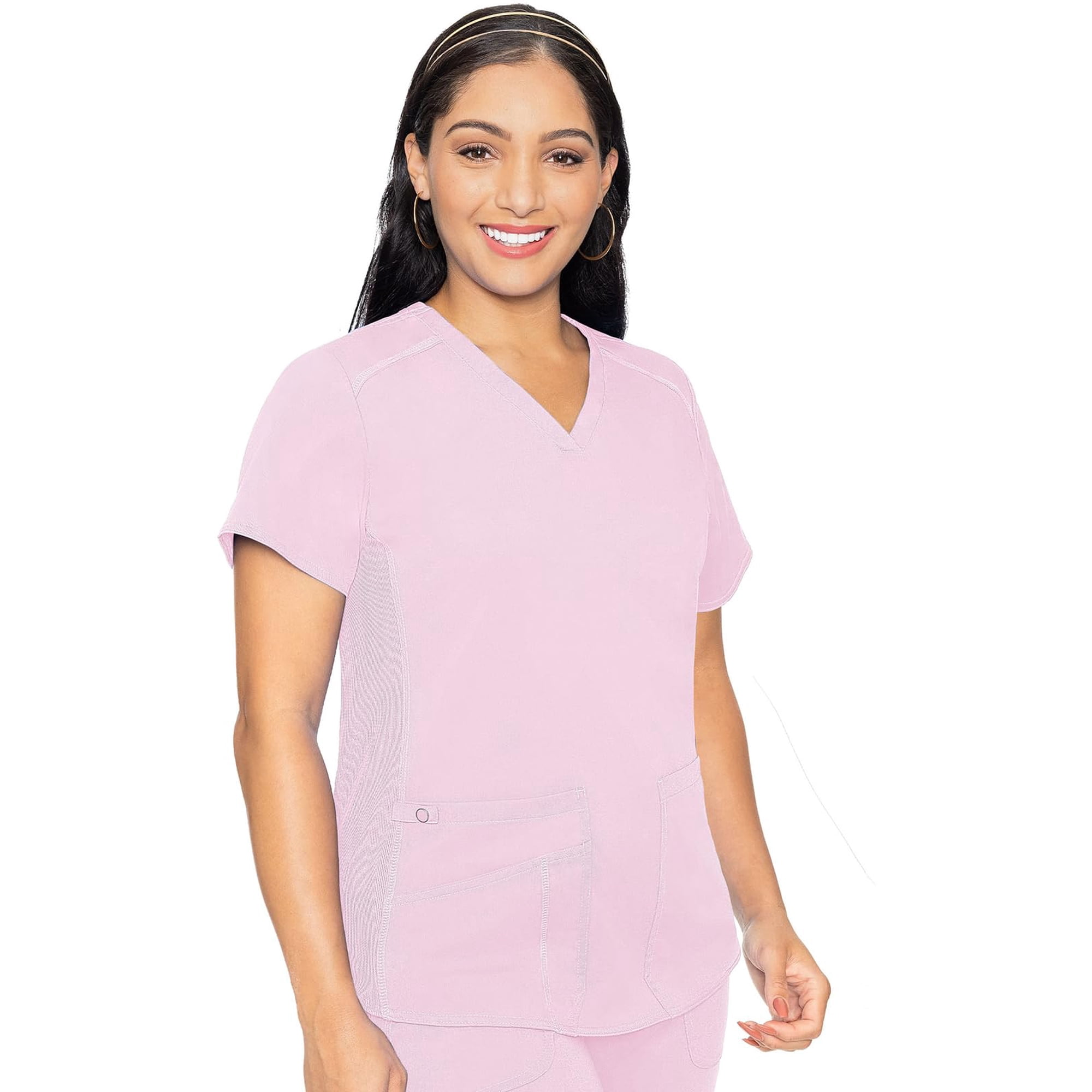 Med Couture V-Neck Scrub Top for Women with 4 Pockets, Rib-Knit Side Panel, and Shirttail Hem MC7459, M, Ice Pink