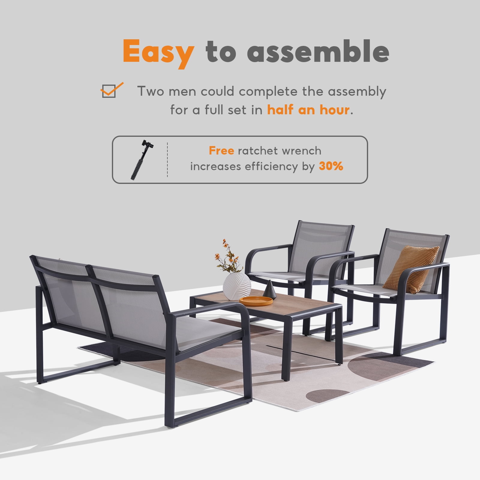 4-Piece Patio Conversation Set, Aluminum Outdoor Furniture with Teslin Fabric - Modern Metal Patio Furniture Set w/Adjustable Feet, All-Weather 2 Chairs, Loveseat & Rectangular Table for Small Spaces