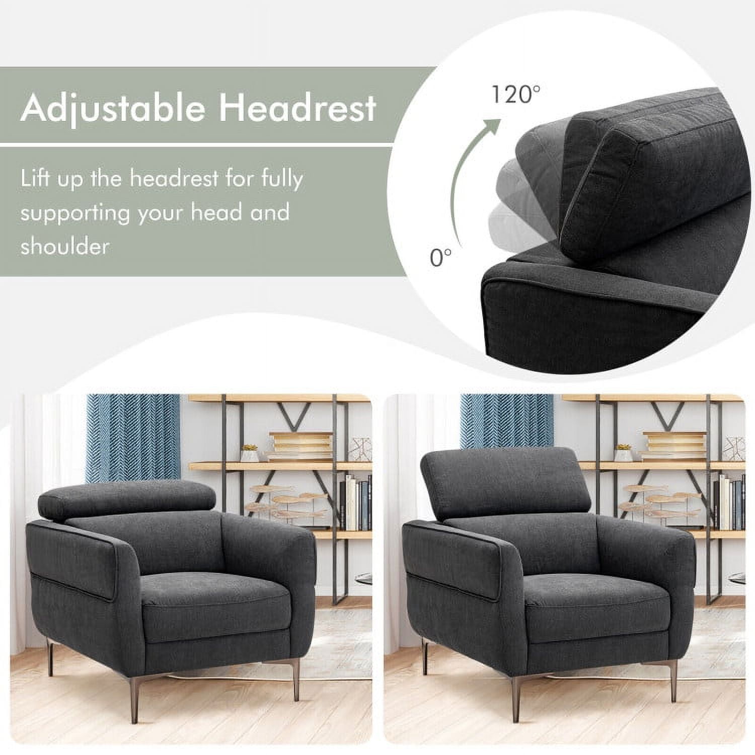 Finihen Upholstered Accent Armchair, Modern Upholstered Single Sofa with Adjustable Headrest, for Living Room, Bedroom, Gray