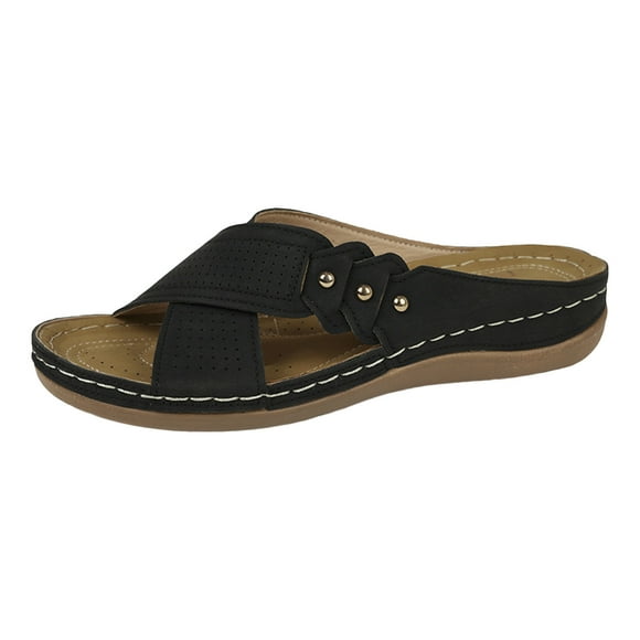 Bmisegm Ladies Summer Solid Colour Flowers Hollow Breathable Slope with Thick Bottom Large Size Sandals Slippers Womens Sandals Summer Black 6.5