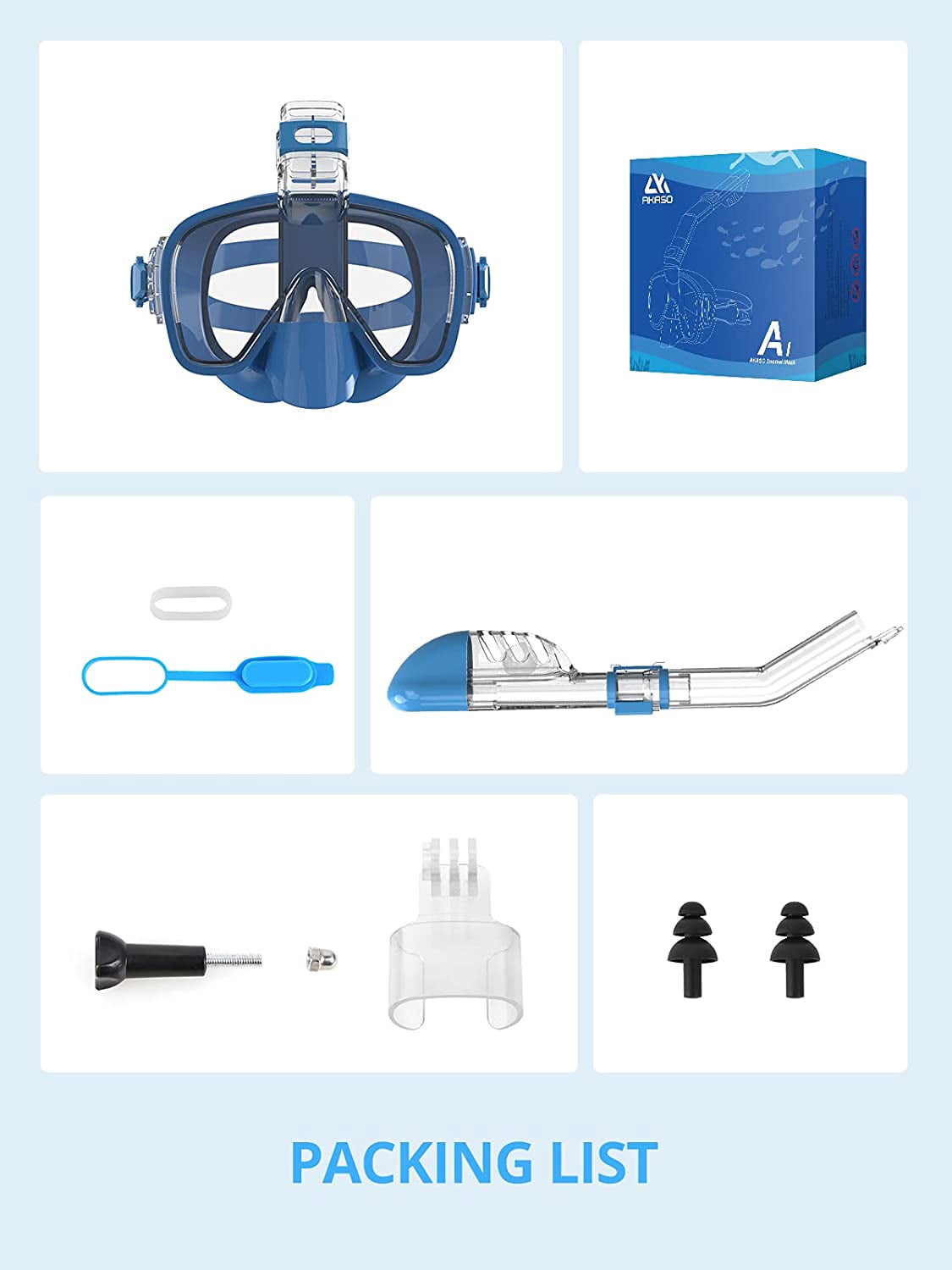 AKASO Snorkel Mask Broad View Anti-Fog Anti-Leak for Adults and Younger (Light Blue)