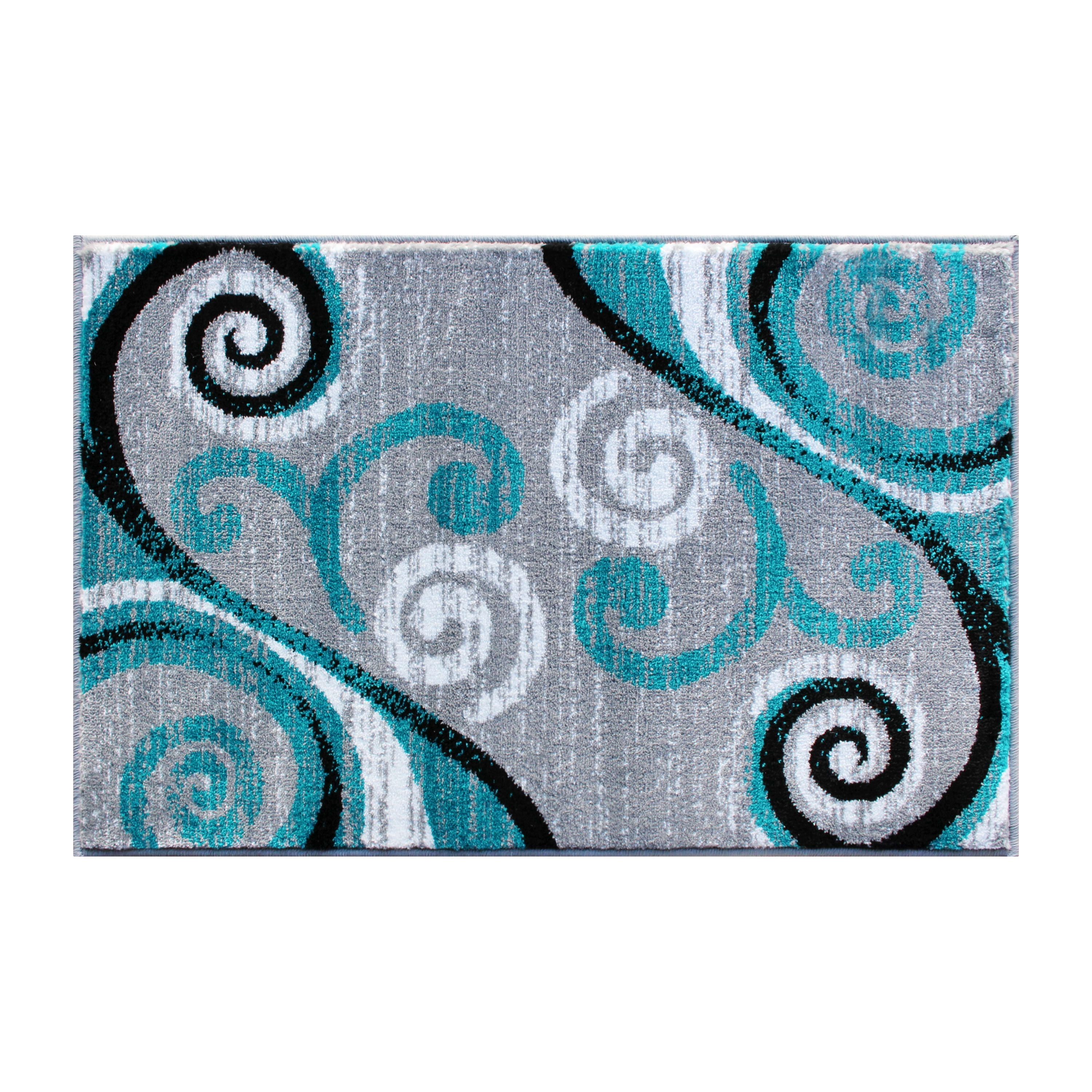 Emma + Oliver 2x3 Scraped Look Ultra Soft Plush Pile Olefin Accent Rug in Turquoise, Gray, Black and White Swirl Pattern, Jute Backing