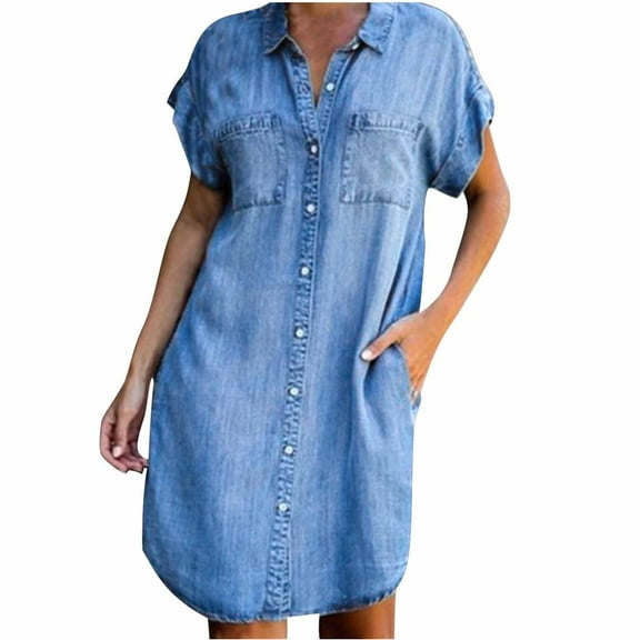 LLYwey Womens Denim Dresses, Summer Collared Shirt Dresses for Women 2025 Trendy Short Sleeve Button Down Pockets Jeans Sundress, Sun-13, Blue, XXL