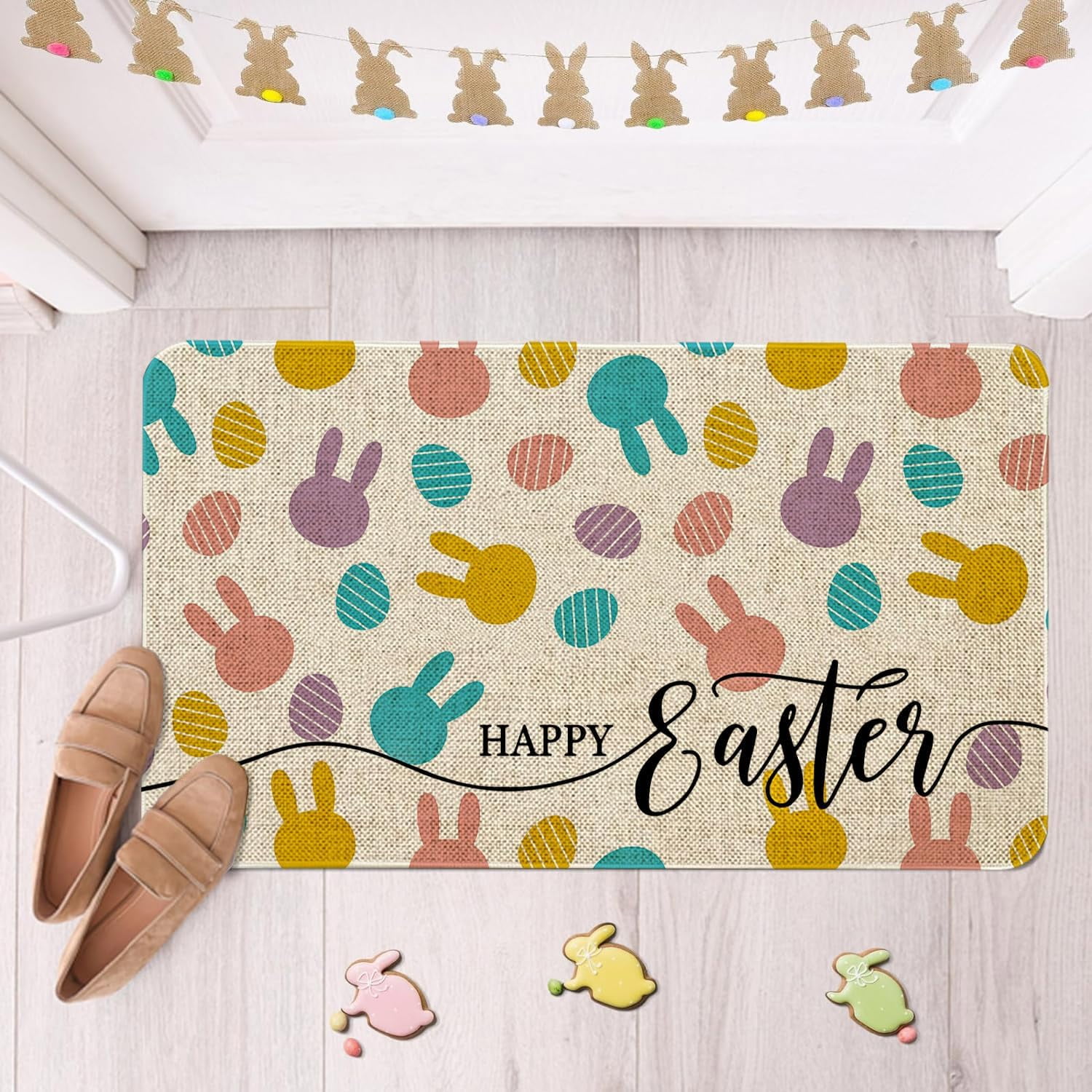 Happy Easter Door Mat Funny Text Indoor mat,Peeps Farmhouse Welcome Mats Holiday Creative Decorative Seasonal Burlap Welcome Floor Rabbit Mat Switch Mat for Outdoor 17 x 30 in