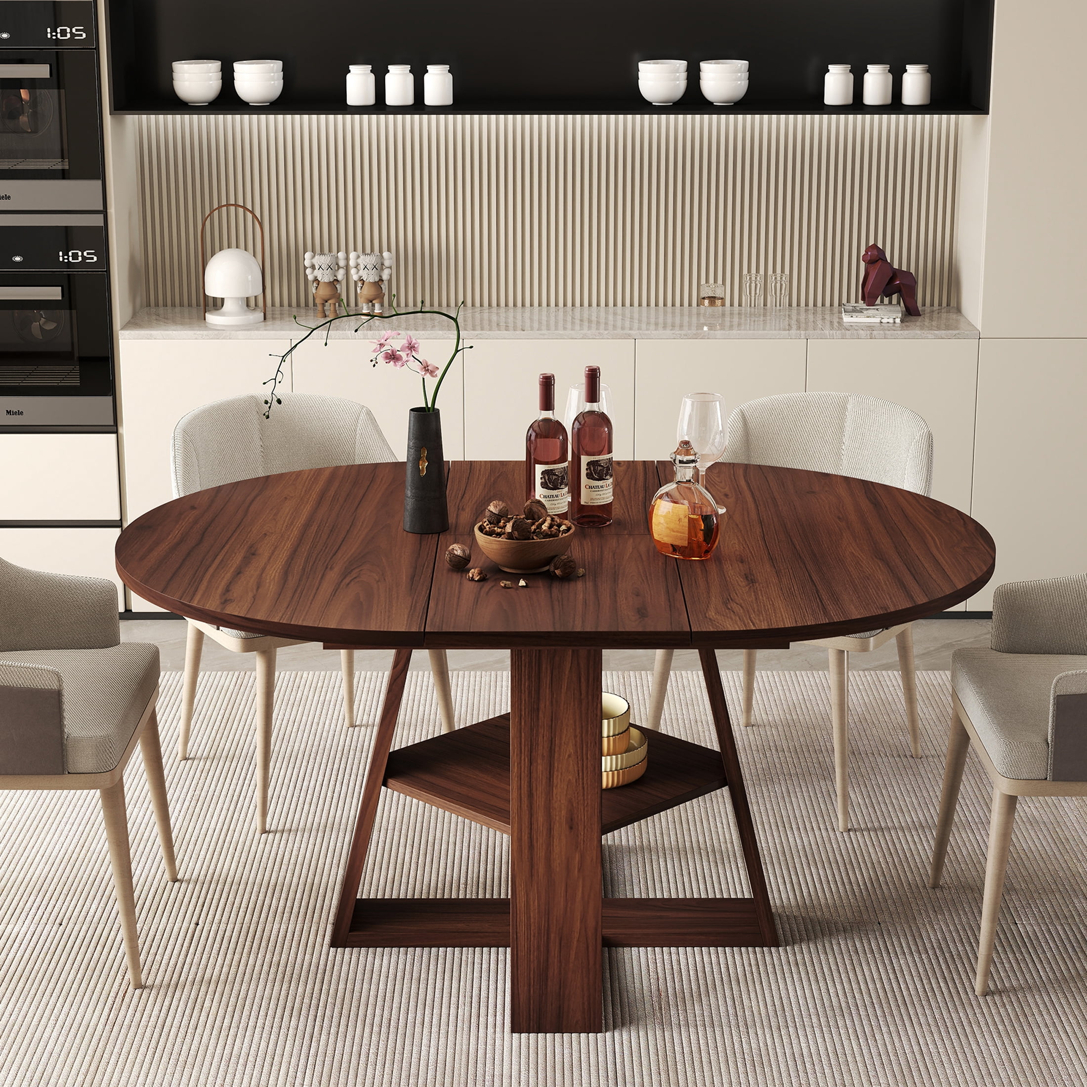 Hawsaiy 43.3-59 in Extendable Oval Dining Table for 4-6, Space-Saving Round Kitchen Table with Hidden Leaf Storage & Bottom Shelf for Small Space, Walnut
