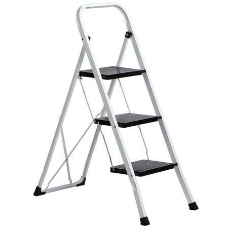 HomGarden 3-Step Ladder Folding Steel Step Stool with Handgrip, Wide Pedal Non-Slip Max 300 lbs, White