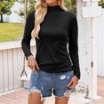 thumbnail image 7 of Women Spring Tops Lightweight Ruffle Mock Neck Solid Color Long Sleeve Undershirt - Half High Neck Ribbed Tops Ribbed Lettuce Trim Soft Base Layer - Fitted Casual Homewear for Women Black L, 7 of 7