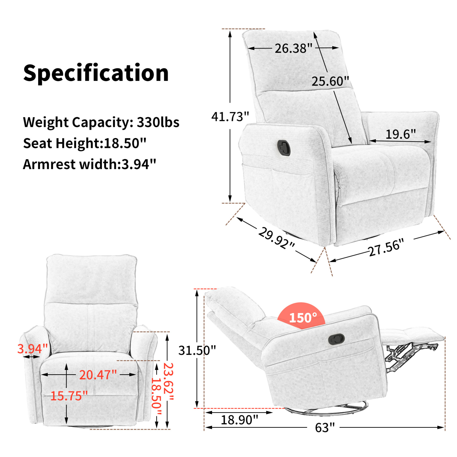 PU Rocking Recliner Chair,360° Swivel Nursery Rocking Chair,Glider Chair,Modern Small Rocking Swivel Recliner Chair for Bedroom,Living Room Chair Home Theater Seating,Side Pocket(Brown+360° Swivel)
