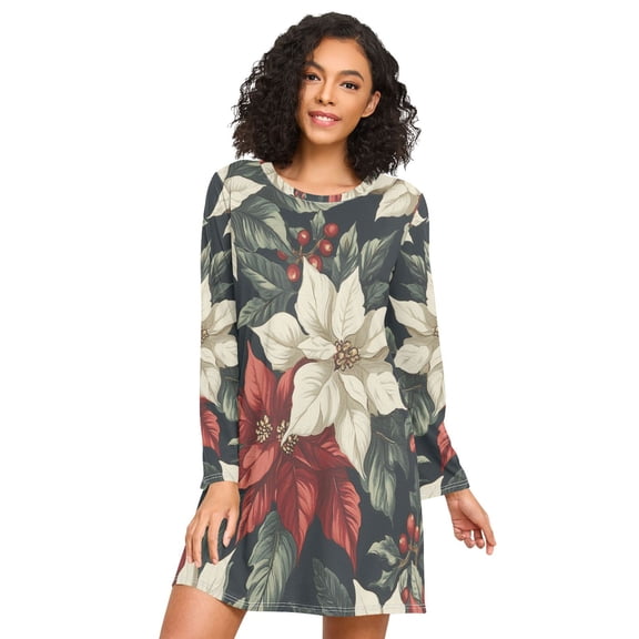 FORMRS Womens Long Sleeve Nightgowns Crew Neck Sleep Shirt Soft Pajamas Sizes S-3XL, White Christmas Leaves