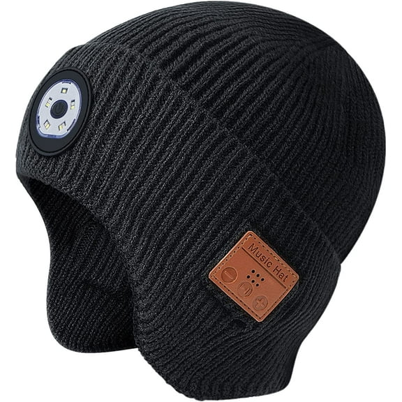 Morttic Unisex Bluetooth Beanie with Light ,Upgraded Musical Knitted Cap with Headphone & Mic,Women Men Winter Warm Earflap Hat for Outdoor Skiing Hiking Camping