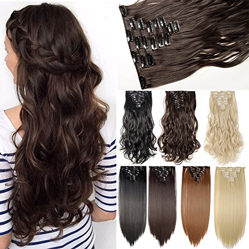 24quot; Long Curly Wavy Dark Brown Clip in on 8 Pieces Full Head Set