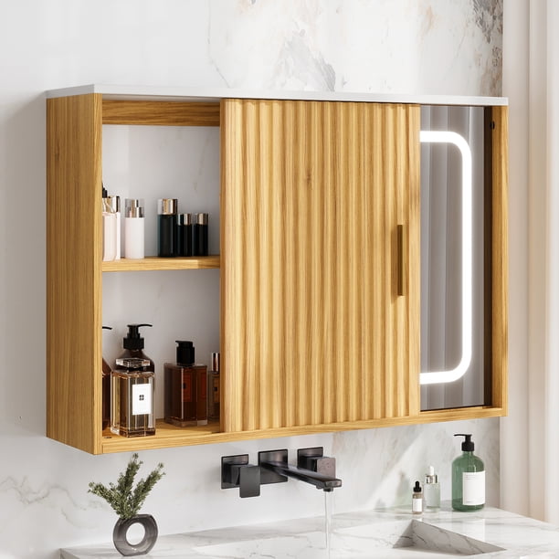 VERDALAY Armario con espejo para baño, botiquín de pared con espejo LED regulable en 3 colores, botiquín sobre el inodoro, armario de almacenamiento para baño