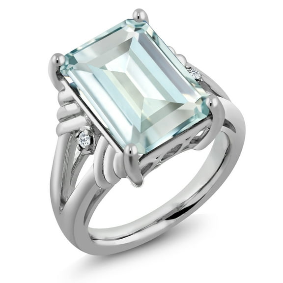 Gem Stone King 925 Sterling Silver Sky Blue Simulated Aquamarine and White Topaz Engagement Ring for Women (6.68 Cttw, Gemstone March Birthstone, Emerald Cut 14X10MM, Size 7)