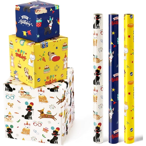 A house of tools Dog Wrapping Paper Rolls - 3 Rolls 17" x 120" Doggy Boys Wrapping Paper Rolls Puppy Gift Wrap Paper Kids Birthday Gift Packign Holiday Supply Short Roll Mini Roll with Cutting Line