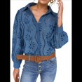thumbnail image 2 of Blusa de Mujer con Mangas Largas Abullonadas, Cuello en V, Botones, Encaje Calado y Bordado Azul Gris L, 2 of 10