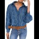 thumbnail image 2 of Blusa de Mujer con Mangas Largas Abullonadas, Cuello en V, Botones, Encaje Calado y Bordado Azul Gris M, 2 of 10