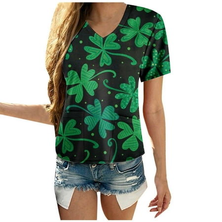 

Women s Scrubs Tops Valentines Patrick s Top Clover Print Working Nursing Uniforms Shirt Short Unisex with Pockets