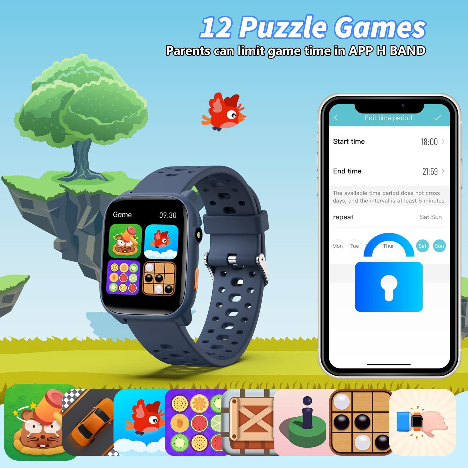 Kids Smart Watch 1.85" Upgrade - Fitness Tracker with Heart Rate Sleep Monitor Pedometer, 100+ Sports Modes, 12 Puzzle Games, Activity Tracker for Boys Girls Teens Aged 6-15 Outdoor Fun (Blue)