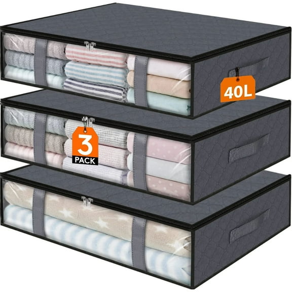 Genreen Storage Bins,3-Pack Clothes Storage, Foldable Blanket Storage Bags, Under Bed Storage Containers for Organizing, Clothing, Bedroom, Comforter, Closet, Dorm, Quilts, Organizer, Grey