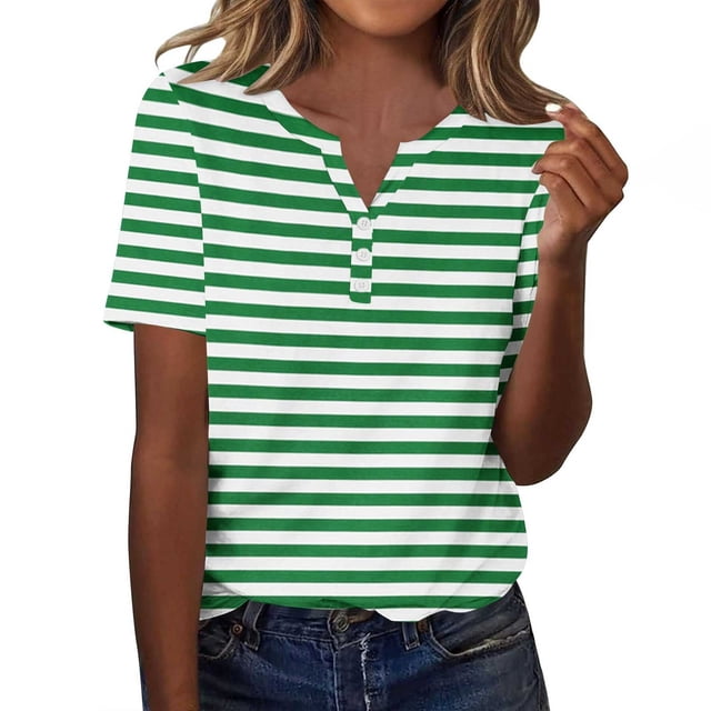 Plebaso T-Shirts à Rayures Col en V pour Femmes Manches Courtes T-Shirts d'Été à Blocs de Couleur Blouses Décontractées Amples pour Femmes