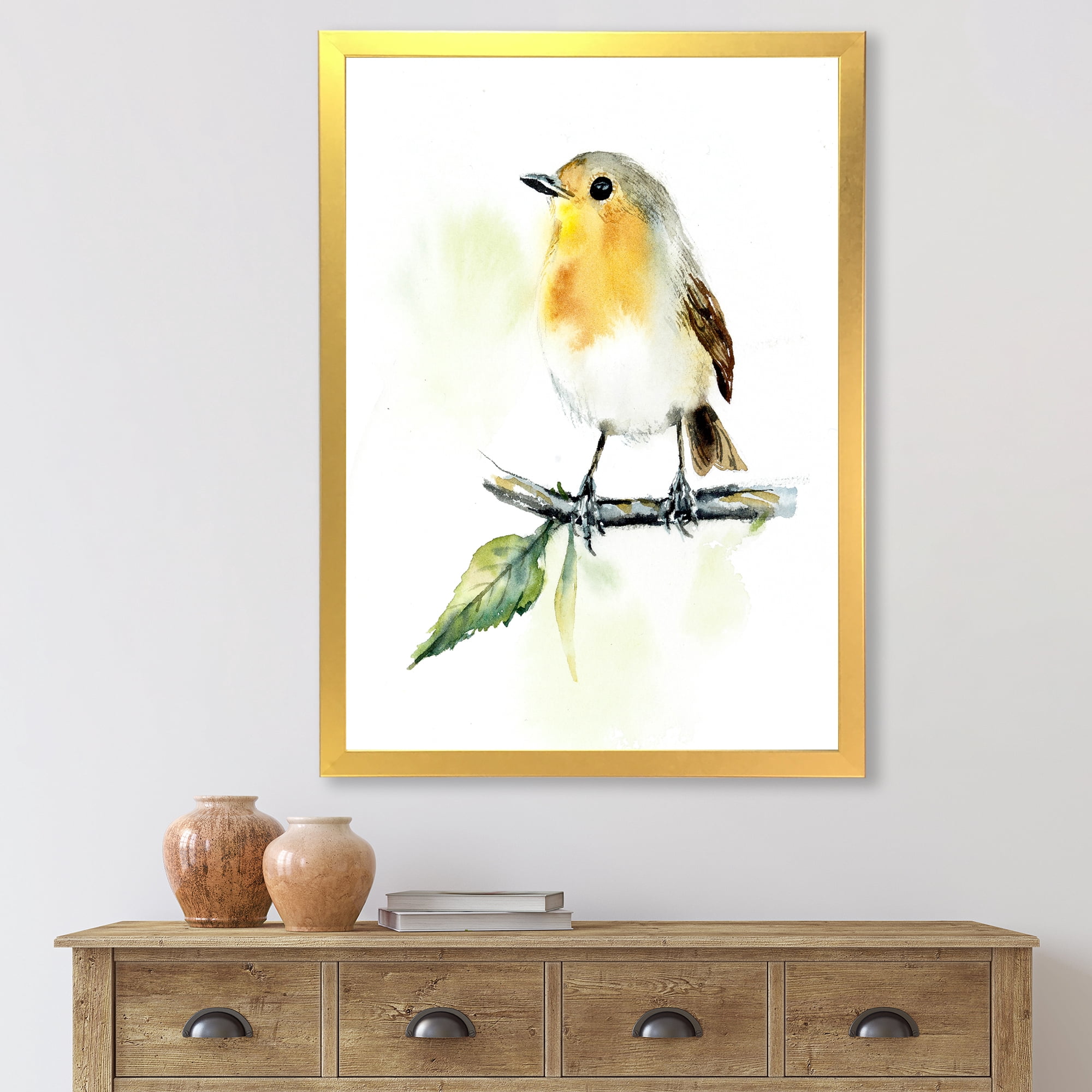 Designart 'Little Robin Bird Sitting On A Branch' Traditional Framed Art Print