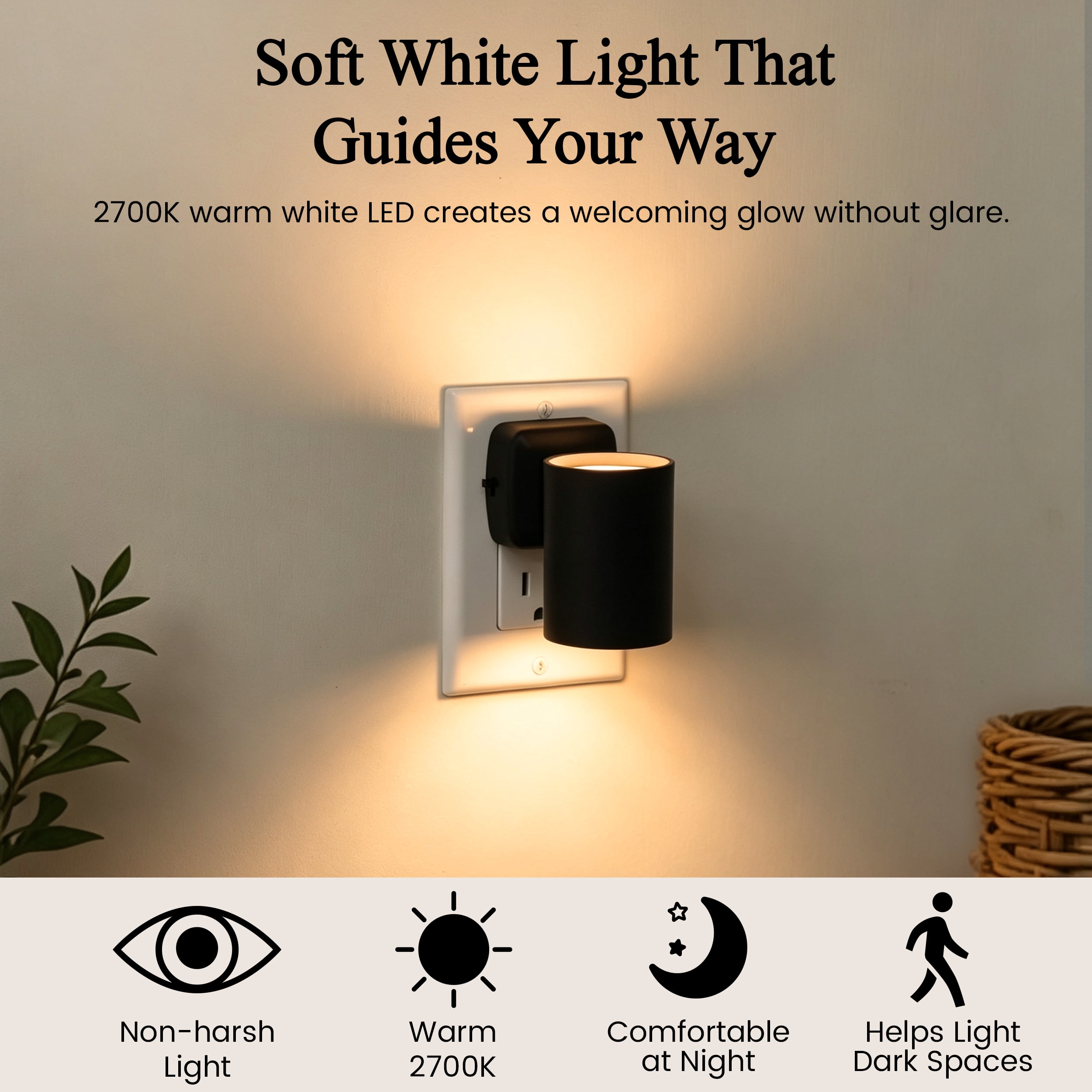 Better Homes & Gardens Black LED Night Light, Soft White, Dusk to Dawn, Dual-Lumen Switch Select, 1 Pack