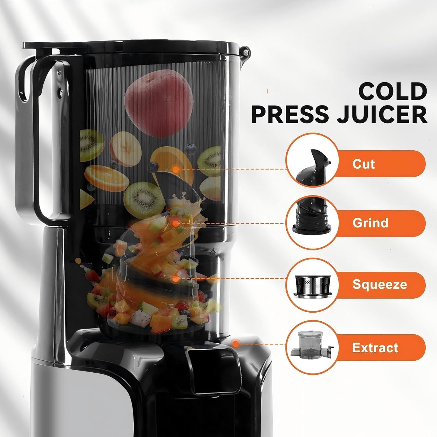 Slow Masticating Juicer Machines, Cold Press Juicer with Safety Lock & Reverse Function, 4.25 Feed Chute for Whole Fruits Vegetables, High  Yield, Silver