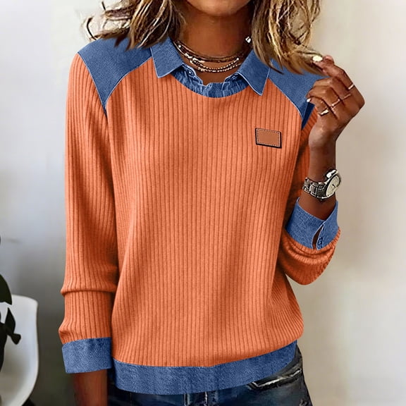 Inverlee Women's Denim Patchwork Henley Shirts Long Sleeve Collared Jean Tops Summer Dressy Casual V Neck Blouse