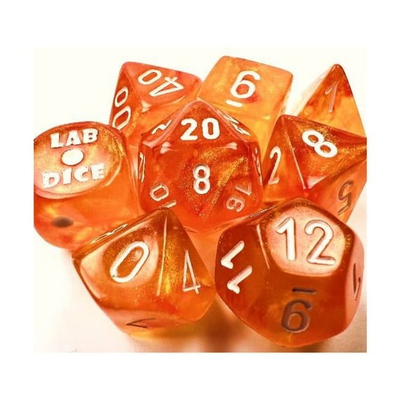Borealis Blood Orange Luminary Dice with White Numbers 7 1 Dice Set 16mm (5/8in) Chessex