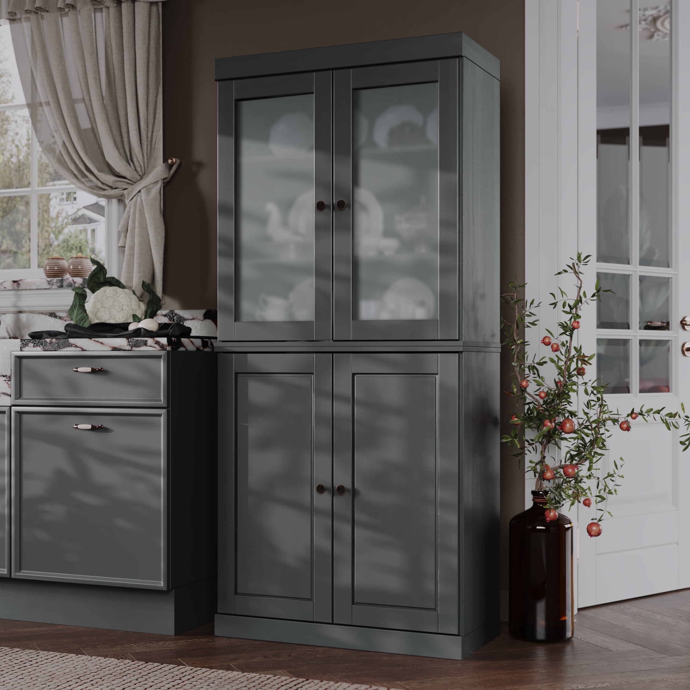 Palace Imports 100% Solid Wood 32" Pantry Cabinet with Solid, Frosted Glass Doors and Adjustable Shelves, Gray